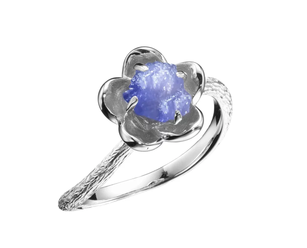 Raw tanzanite flower engagement ring