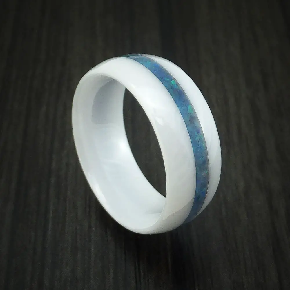 White Ceramic Ring With Opal Inlay