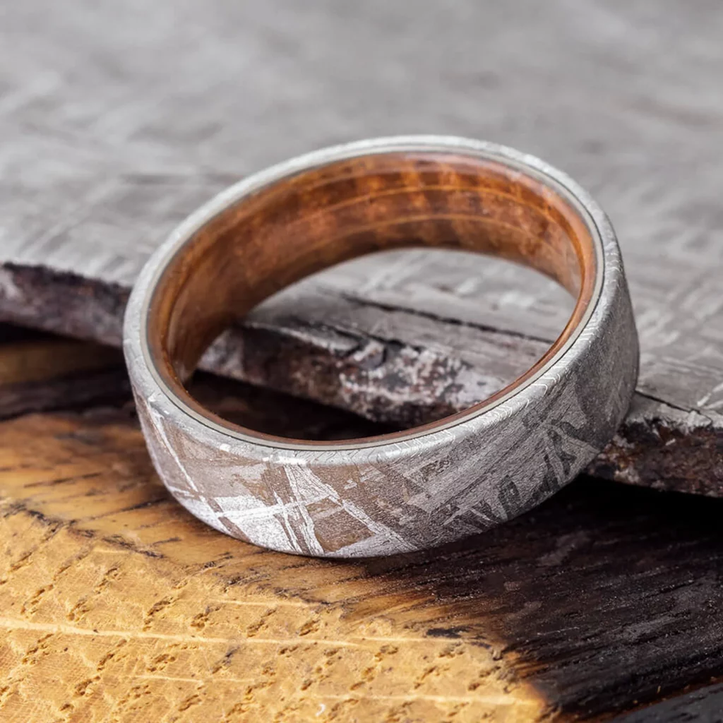 meteorite and whiskey oak wood wedding band