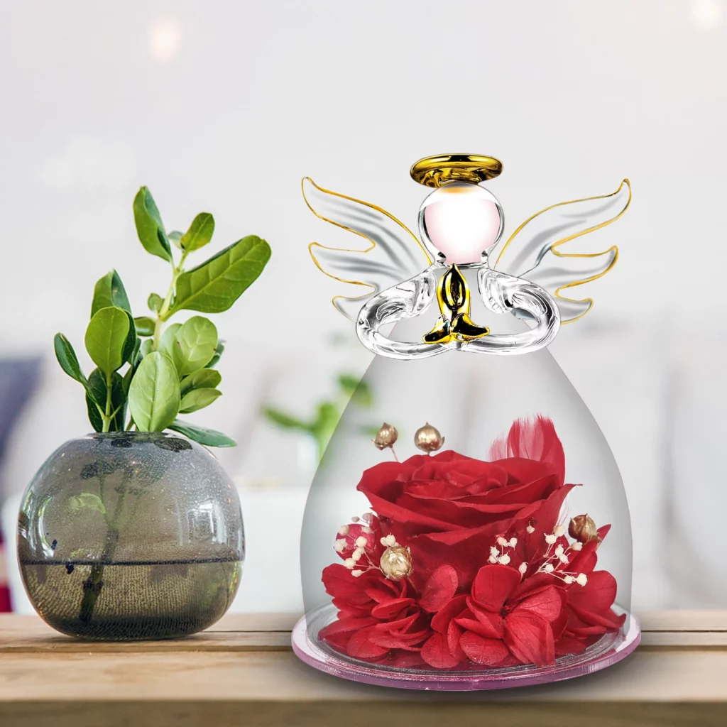 preserved red rose in glass