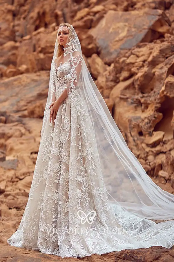 Designer Champagne Illusion Wedding Dress