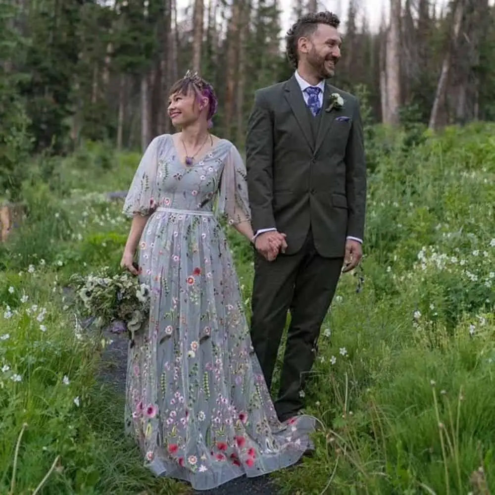 Grey flower dress with butterfly sleeves