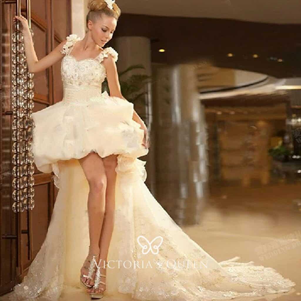 Oversized Ruffled Flowers High low Unique Wedding Dress