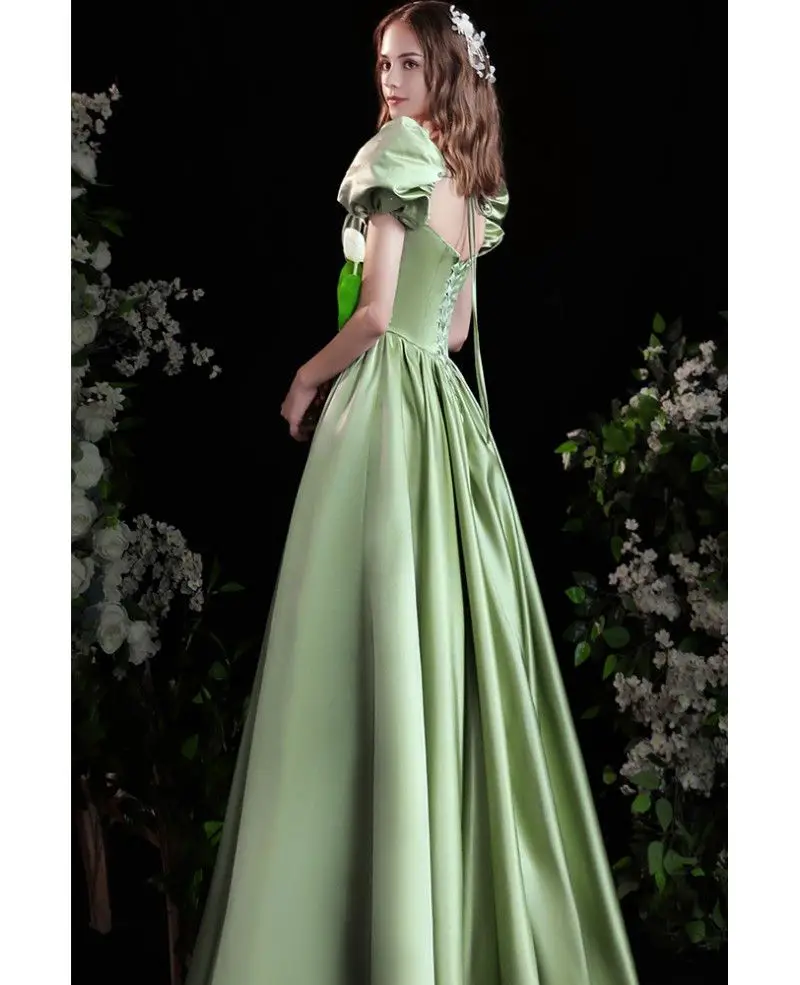 Cute Bubble Sleeves Square Neck Green Party Prom Dress For Formal