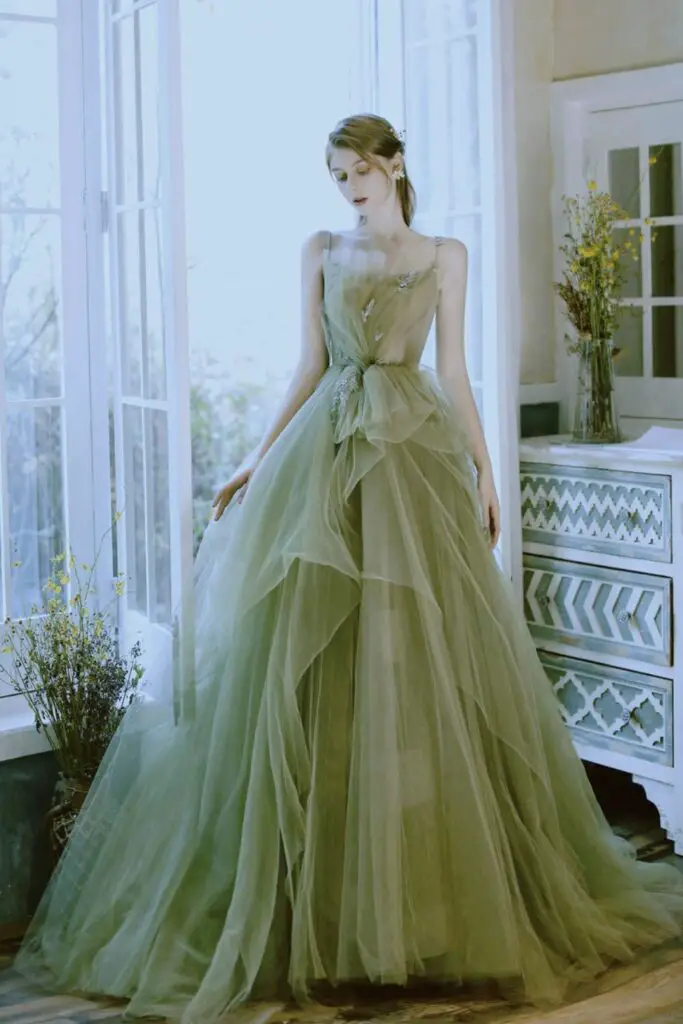 Green Tulle Long A Line Prom Dress Green Spaghetti Strap Evening Dress Custom Size Green