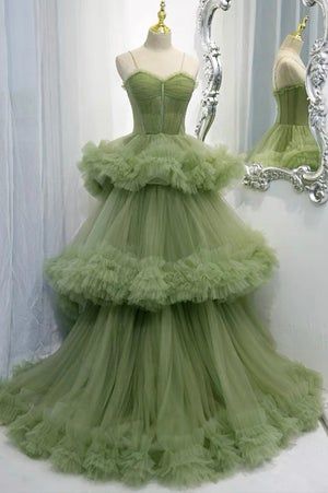 Green Tulle Long Prom Dresses A Line Formal Evening Dresses Custom Size Green