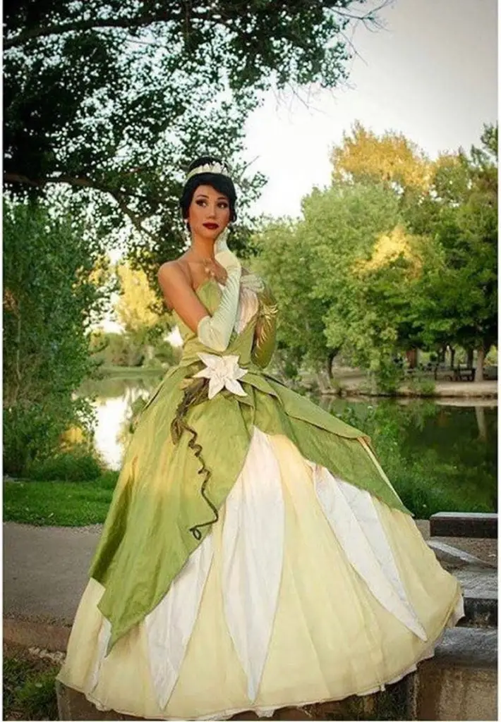 Princess Tiana Costume Cosplay Sage Green Ballgown Lilly Dress With Leaf Crown Princess and the Frog Adult Sizes