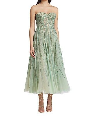 Reem Acra Strapless Embroidered Chiffon Dress