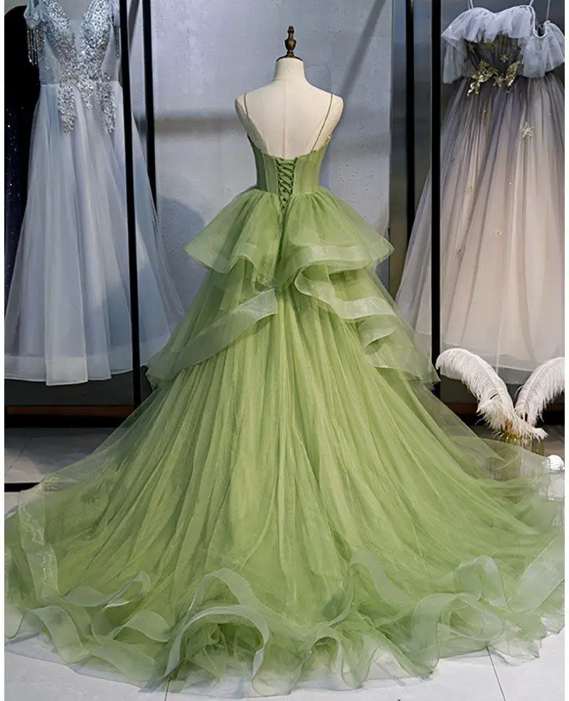 Stunning Ruffled Tulle Green Corset Prom Dress with Straps Long Train Free Stable Shipping