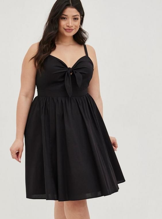 Mini Poplin Tie Front Skater Dress in Black