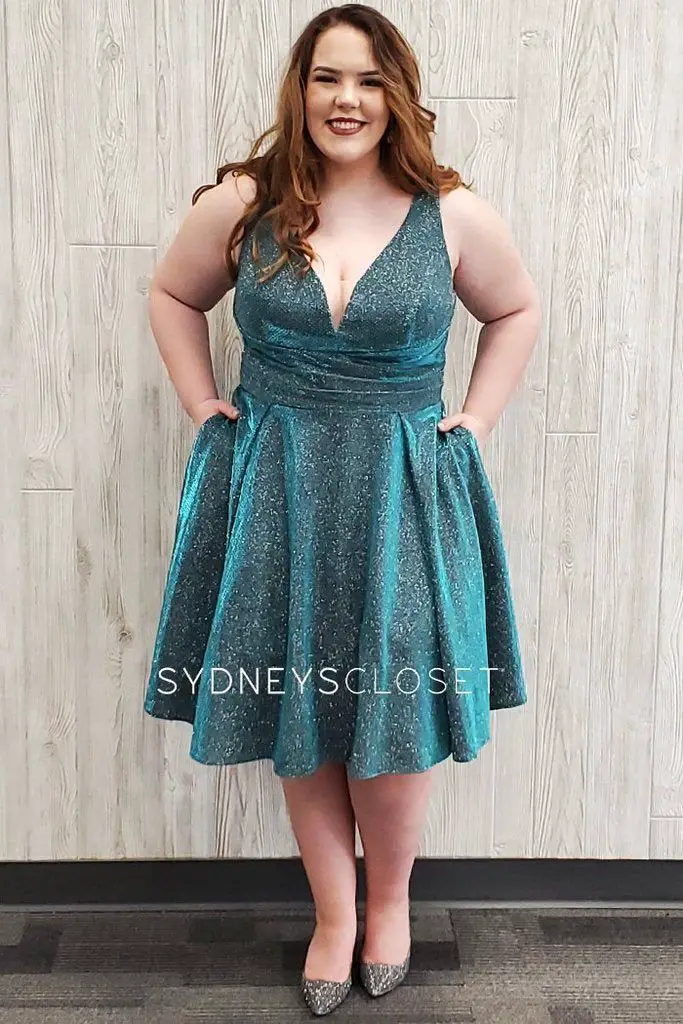 Sydneys Closet SC8108 Size 28 Teal Plus Sized Cocktail Dress Short Metallic Shimmer V Neck 28 Teal