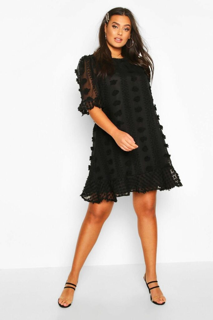 Womens Plus Dobby Mesh Ruffle Smock Dress Black 12